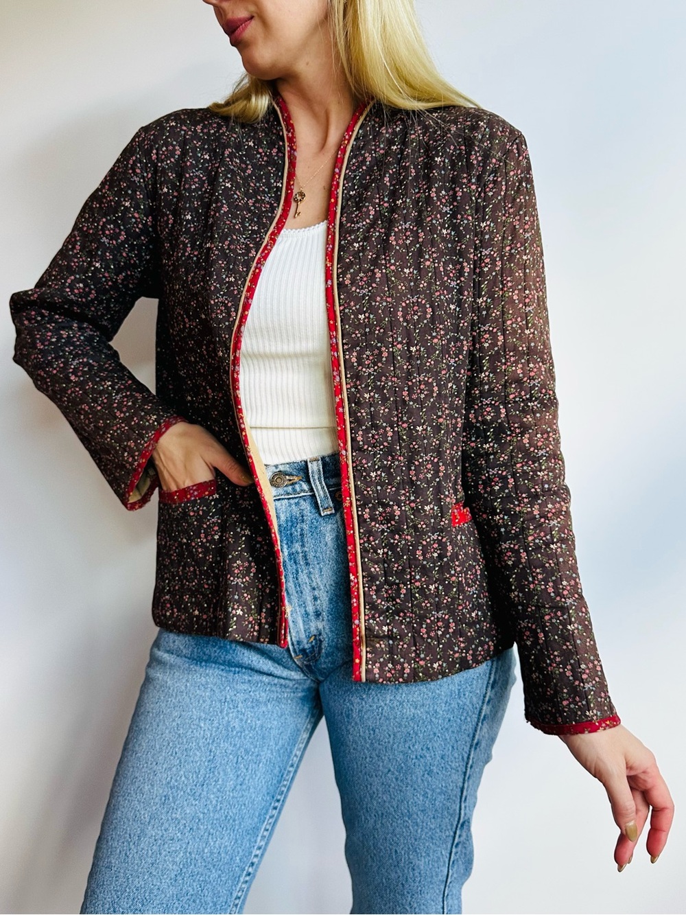 Vintage Topics California Quilted Floral Jacket Cotton Open Front Boho Prairie